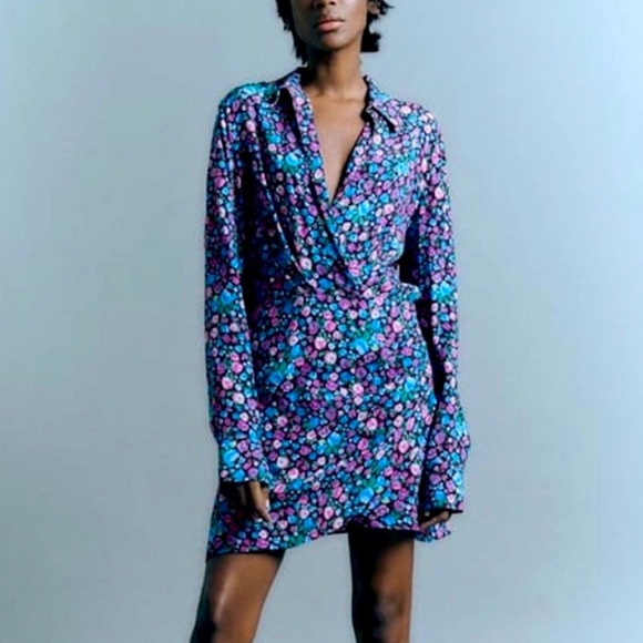 New Zara Floral Print V-Neck Satin Effect Wrap Mini Dress - Picture 5 of 13